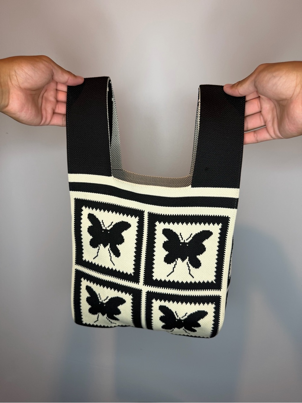 Black & Cream Butterfly Knit Tote Bag - Unbranded